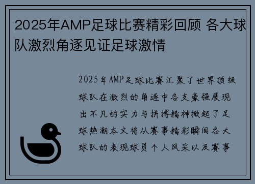 2025年AMP足球比赛精彩回顾 各大球队激烈角逐见证足球激情