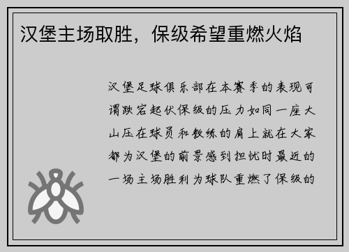 汉堡主场取胜，保级希望重燃火焰