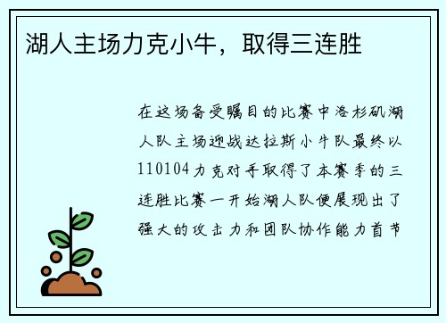 湖人主场力克小牛，取得三连胜