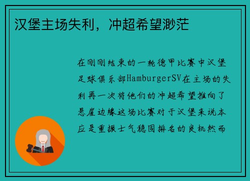 汉堡主场失利，冲超希望渺茫