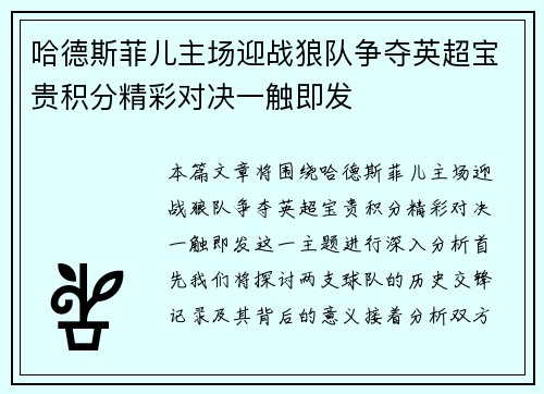 哈德斯菲儿主场迎战狼队争夺英超宝贵积分精彩对决一触即发