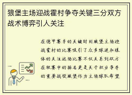 狼堡主场迎战霍村争夺关键三分双方战术博弈引人关注