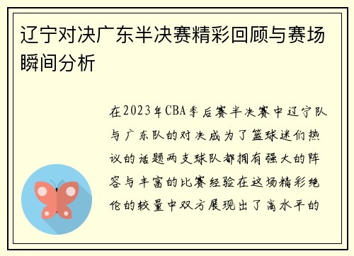辽宁对决广东半决赛精彩回顾与赛场瞬间分析
