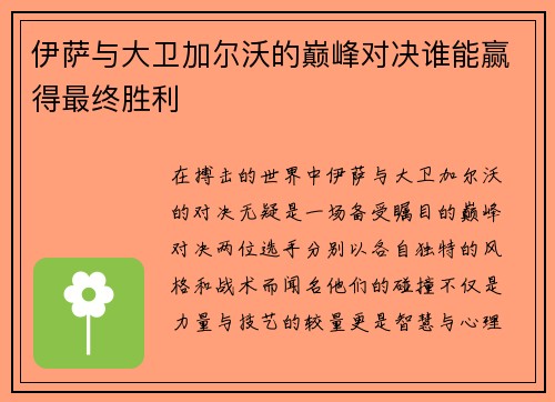伊萨与大卫加尔沃的巅峰对决谁能赢得最终胜利
