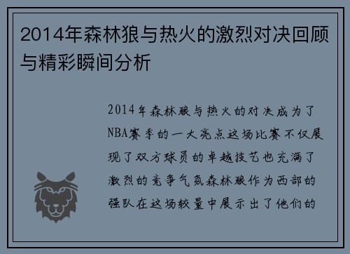 2014年森林狼与热火的激烈对决回顾与精彩瞬间分析