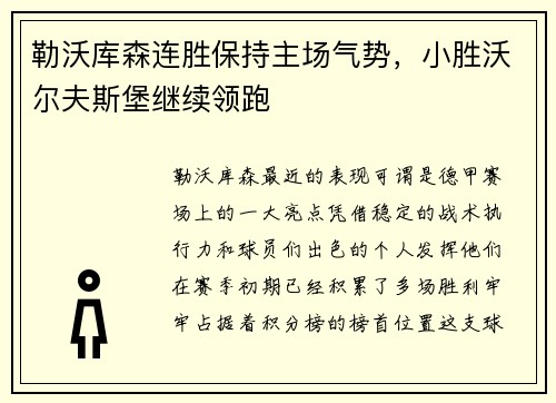 勒沃库森连胜保持主场气势，小胜沃尔夫斯堡继续领跑
