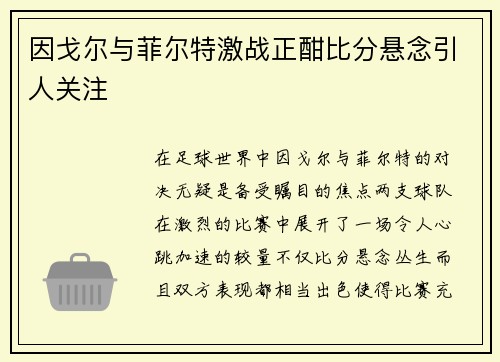 因戈尔与菲尔特激战正酣比分悬念引人关注