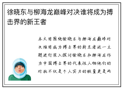 徐晓东与柳海龙巅峰对决谁将成为搏击界的新王者