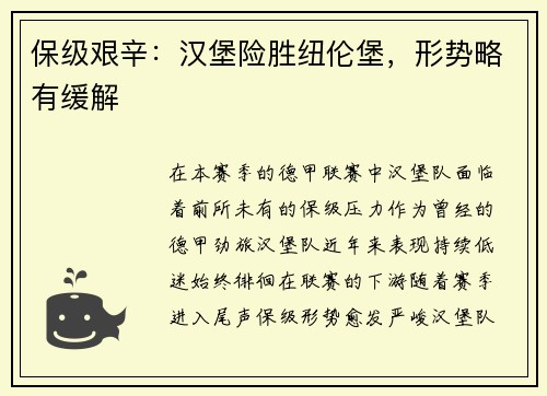 保级艰辛：汉堡险胜纽伦堡，形势略有缓解