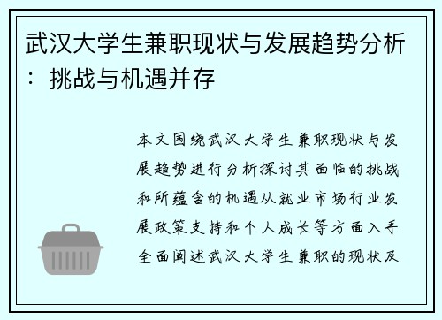 武汉大学生兼职现状与发展趋势分析：挑战与机遇并存