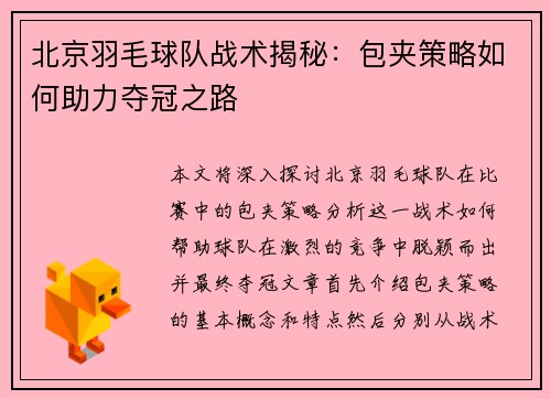 北京羽毛球队战术揭秘：包夹策略如何助力夺冠之路