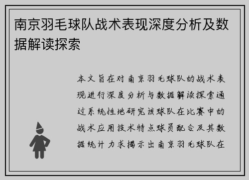 南京羽毛球队战术表现深度分析及数据解读探索