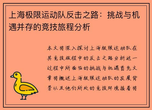上海极限运动队反击之路：挑战与机遇并存的竞技旅程分析