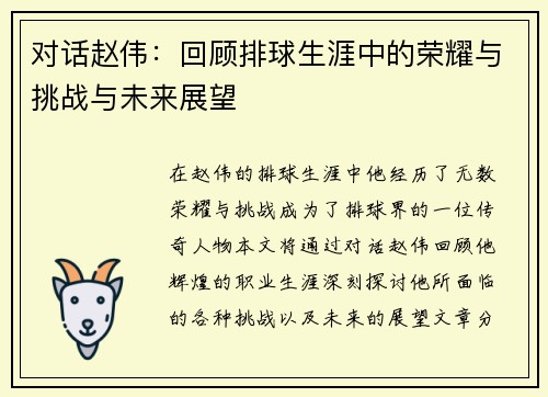对话赵伟：回顾排球生涯中的荣耀与挑战与未来展望