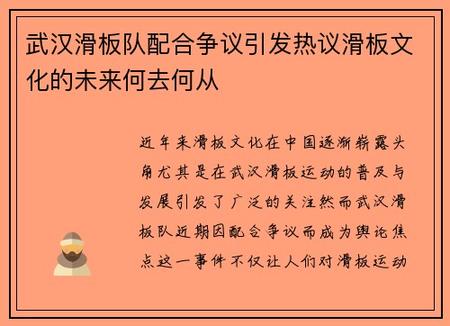 武汉滑板队配合争议引发热议滑板文化的未来何去何从